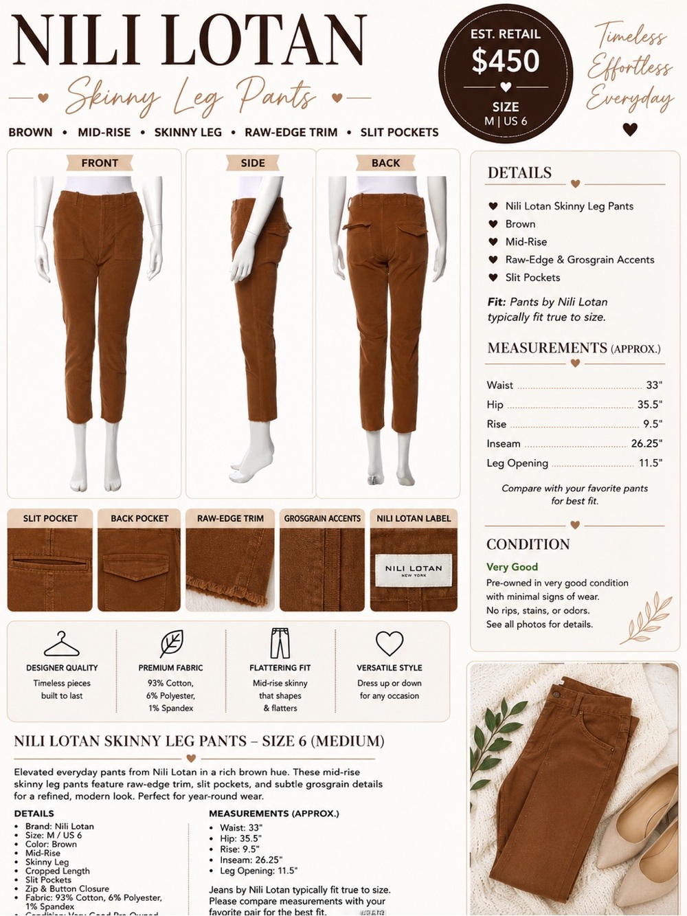 Nili Lotan Brown Skinny Leg Pants – Size 6 / Medium